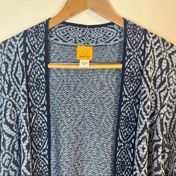 2/$25 Red Rudy Blue Knit Woven Fringe Bohemian Boho Tribal Western Cardigan L - Picture 8 of 9